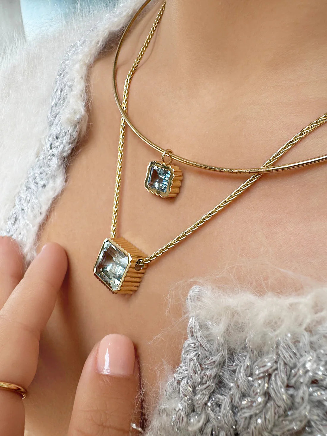 14K Yellow Gold Omega Bezel Aquamarine Necklace