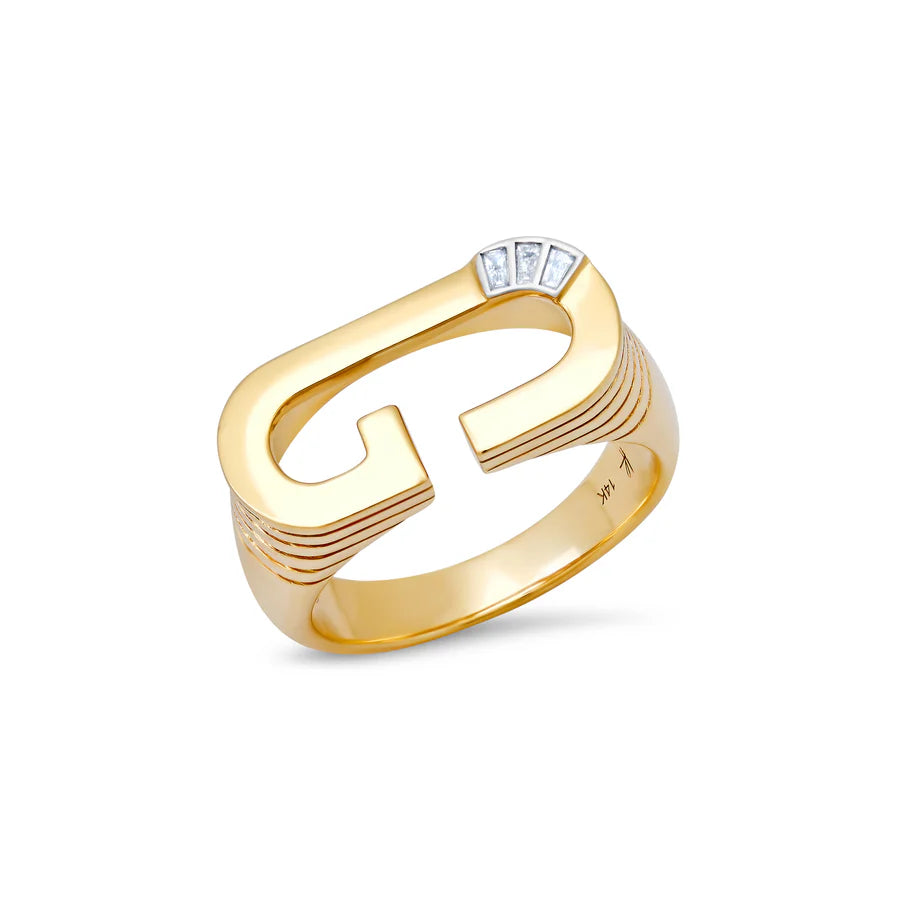 Grandsize Ribbed Initial Ring with Diamond Baguette