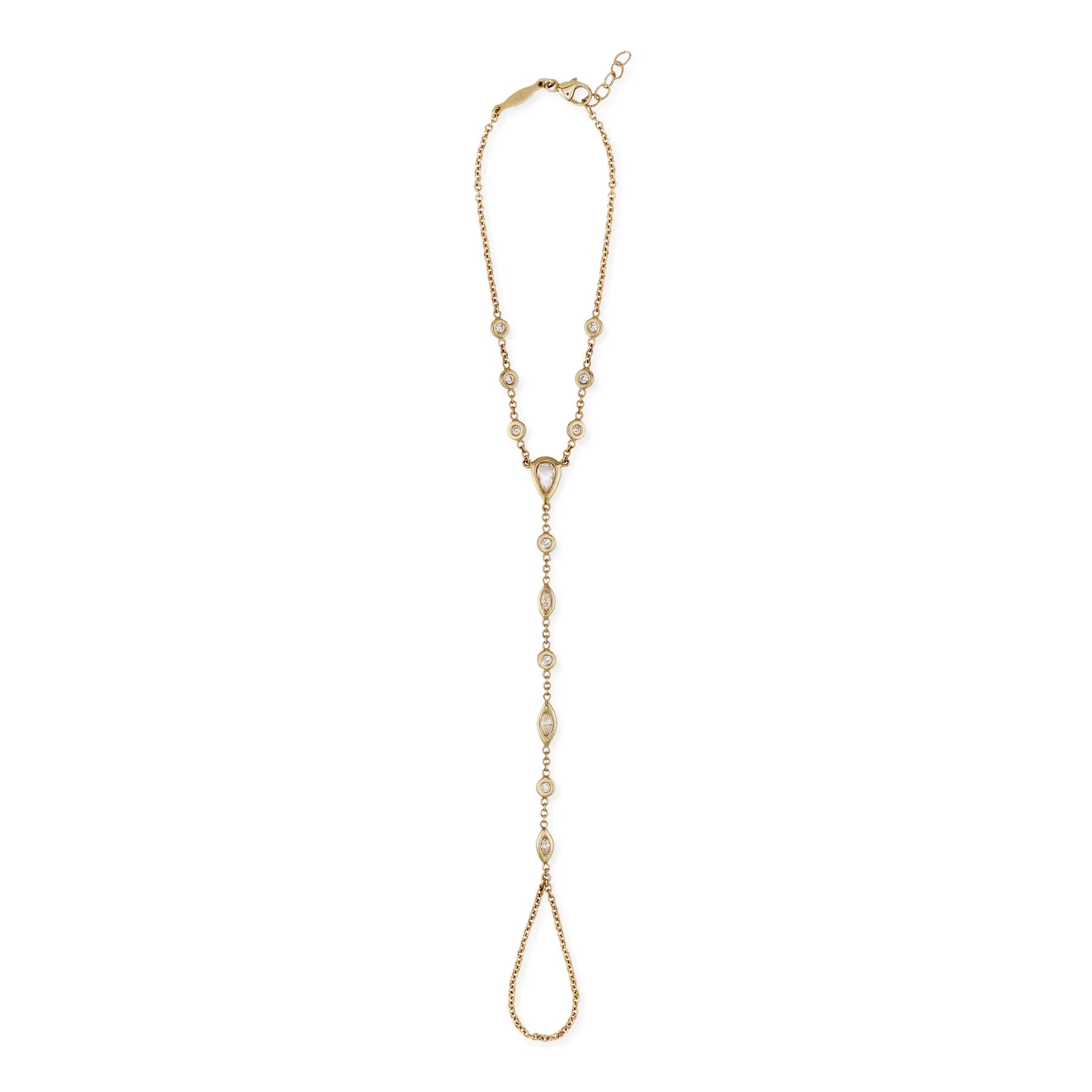 Rose cut teardrop diamond center round and marquise alternating finger bracelet