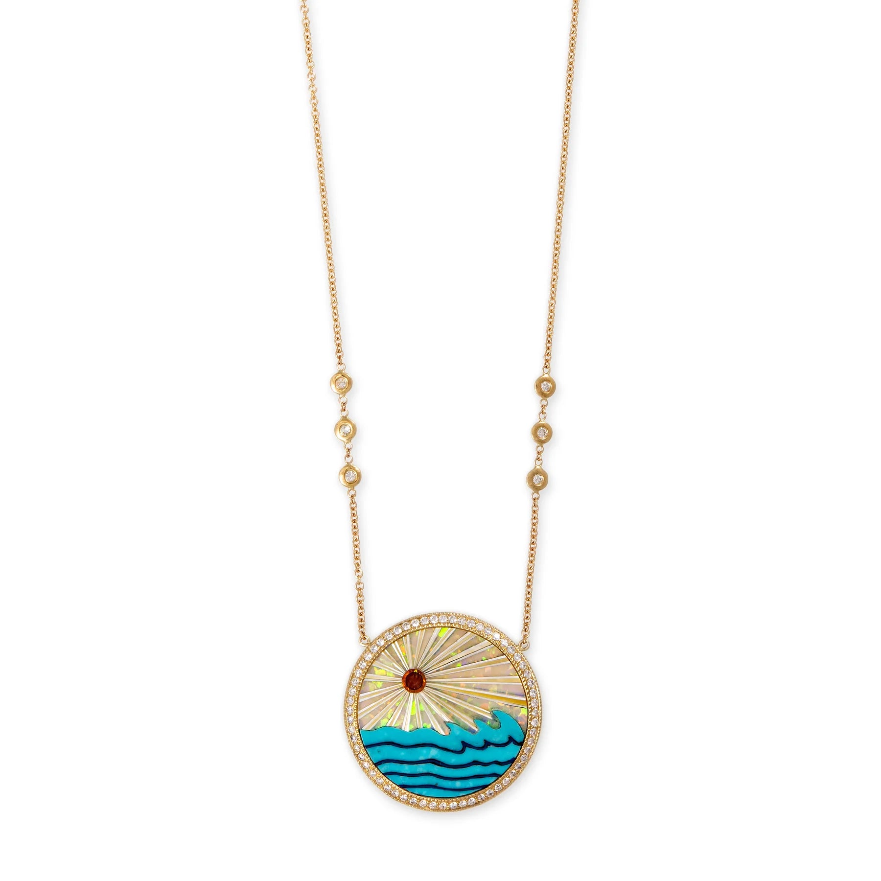 Pavé Round Opal Rays + Turquoise Waves Inlay Necklace