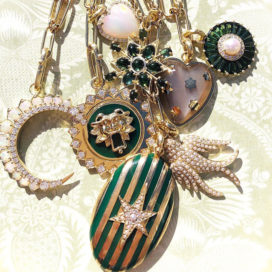 14K Gold Gemstone & Green Enamel Lillian Locket