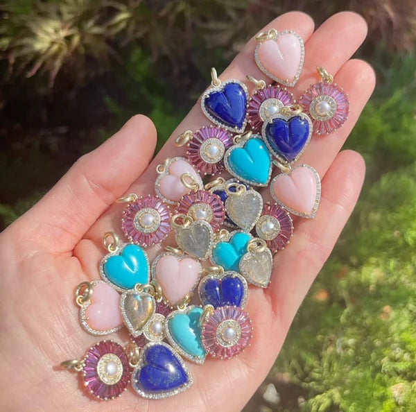 14K Gold Diamond & Pink Opal Alana Large Heart Charm