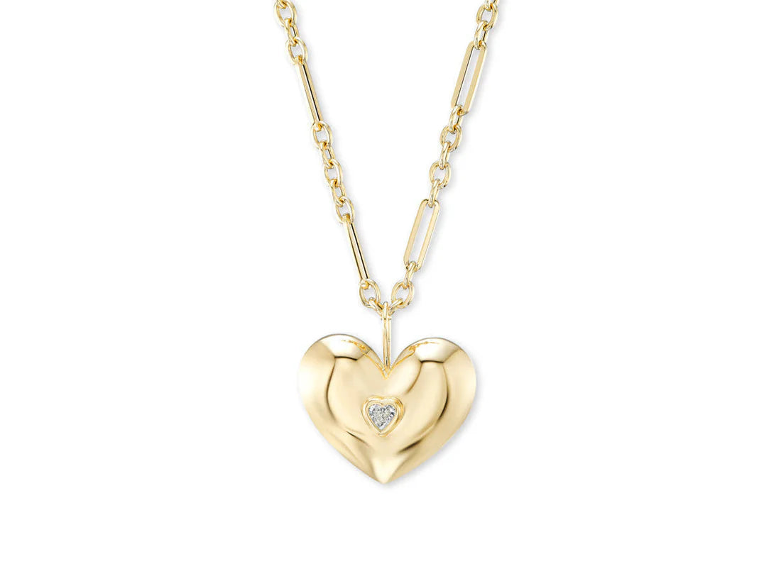 ALL GOLD PUFF HEART PENDANT WITH DIAMOND HEART CENTER