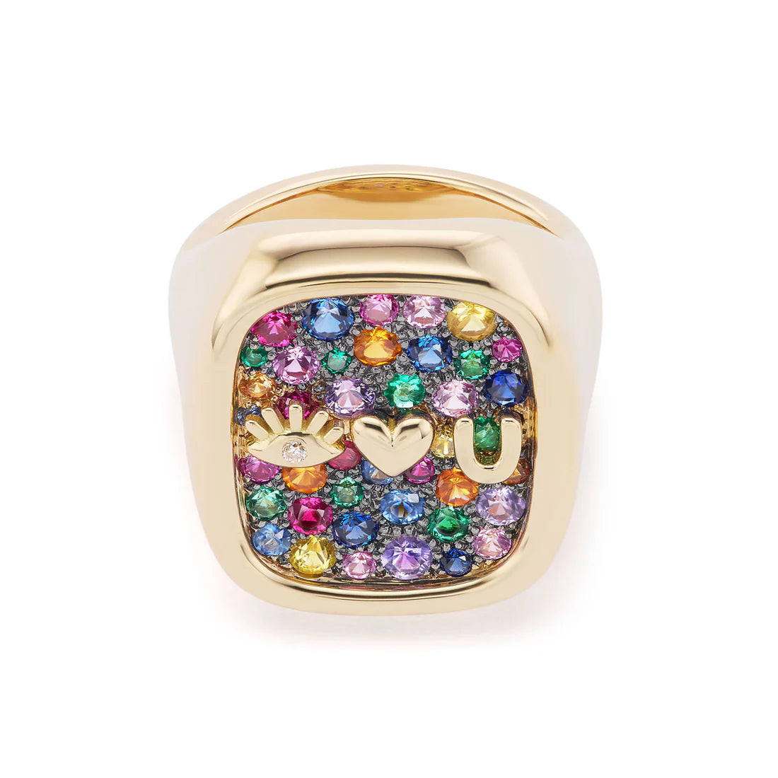 Eye Heart You Signet with Rainbow Pave & Rhodium