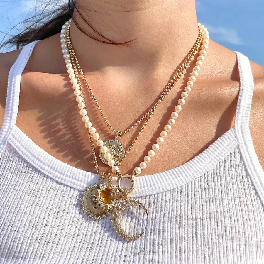 14K Gold Diamond & Rainbow Moonstone Crescent Moon Estelle Charm