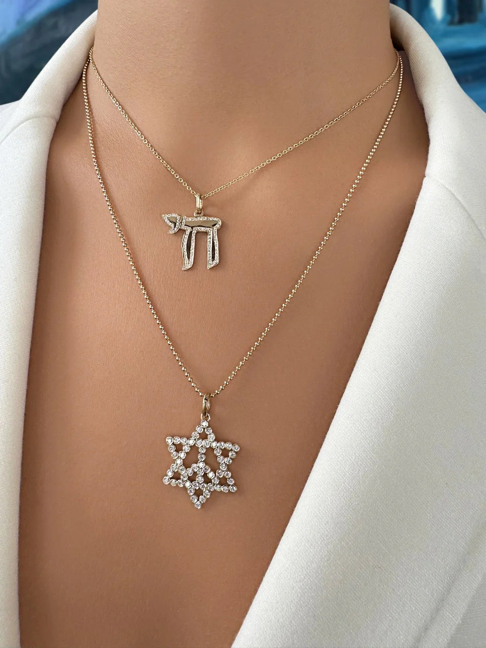 14K Yellow Gold Diamond Chai Necklace