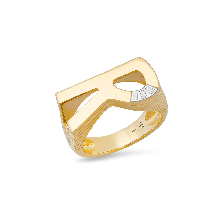 Grandsize Ribbed Initial Ring with Diamond Baguette