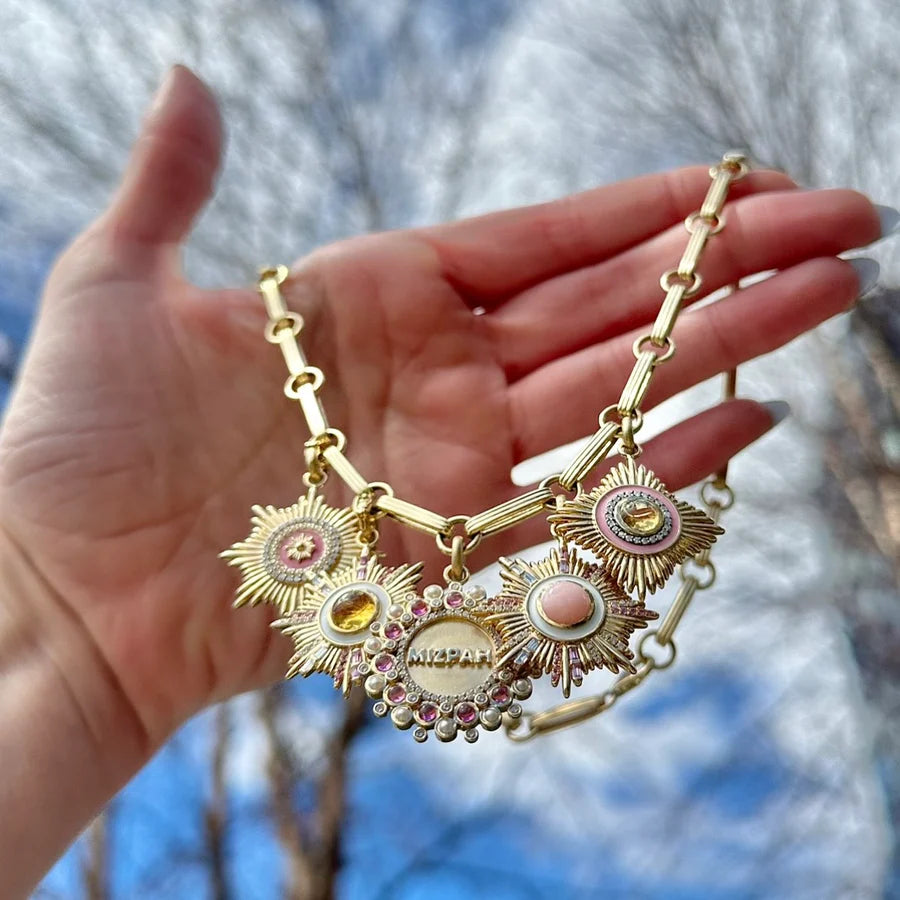 14k Gold Diamond Citrine & Pink Enamel Vivienne Medallion