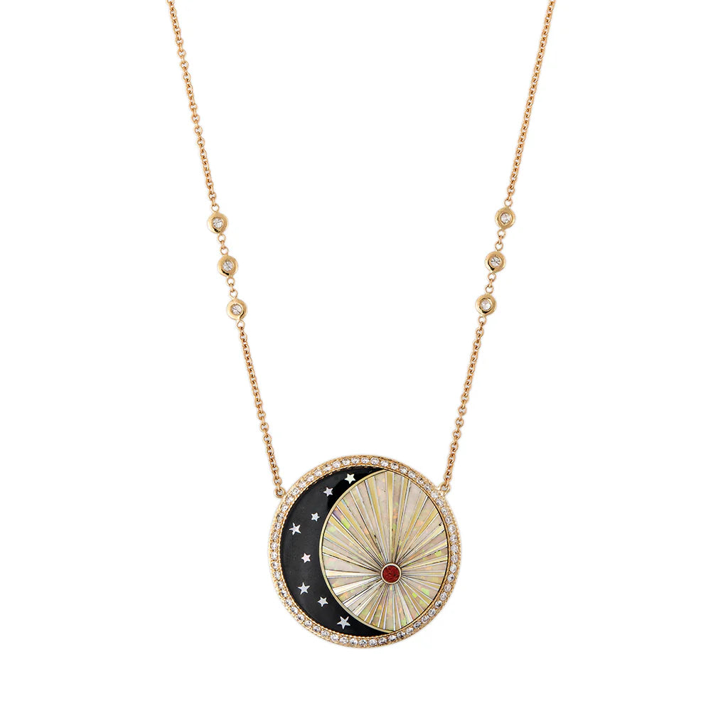 Pavé Round Onyx Star Crescent + Opal Rays Inlay Necklace