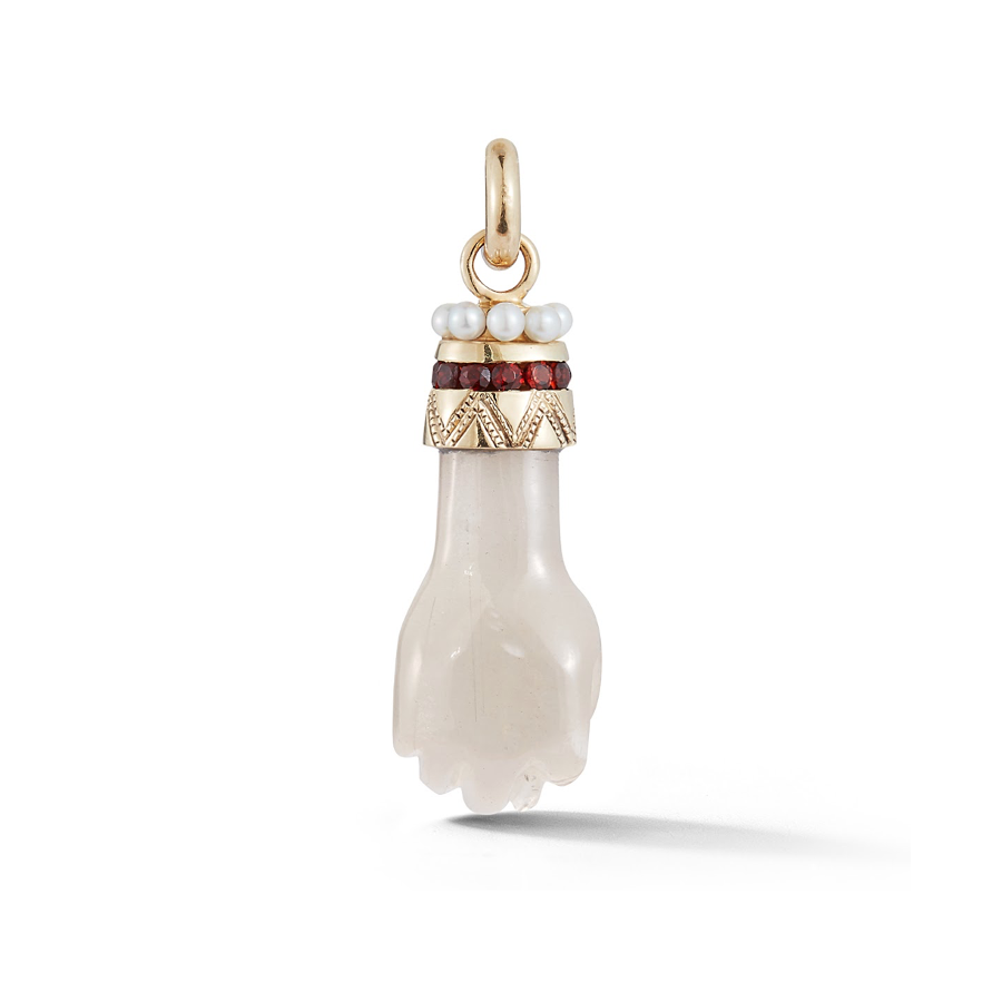 14K Gold Grey Moonstone, Garnet and Pearl Figa Charm