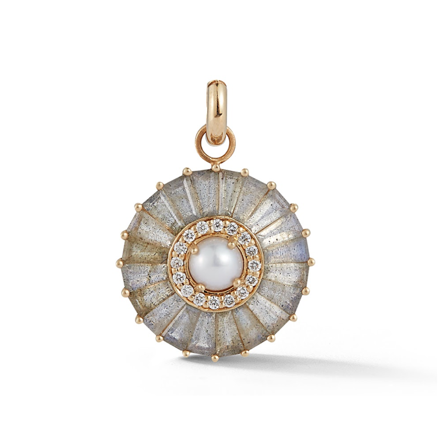 14K Gold Labradorite and Pearl Circle Charm