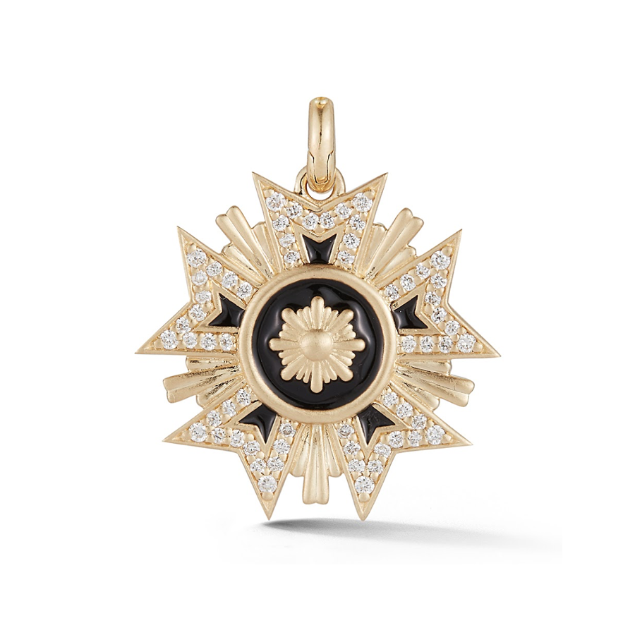 14K Gold White Diamond & Black Enamel Military Emblem Charm