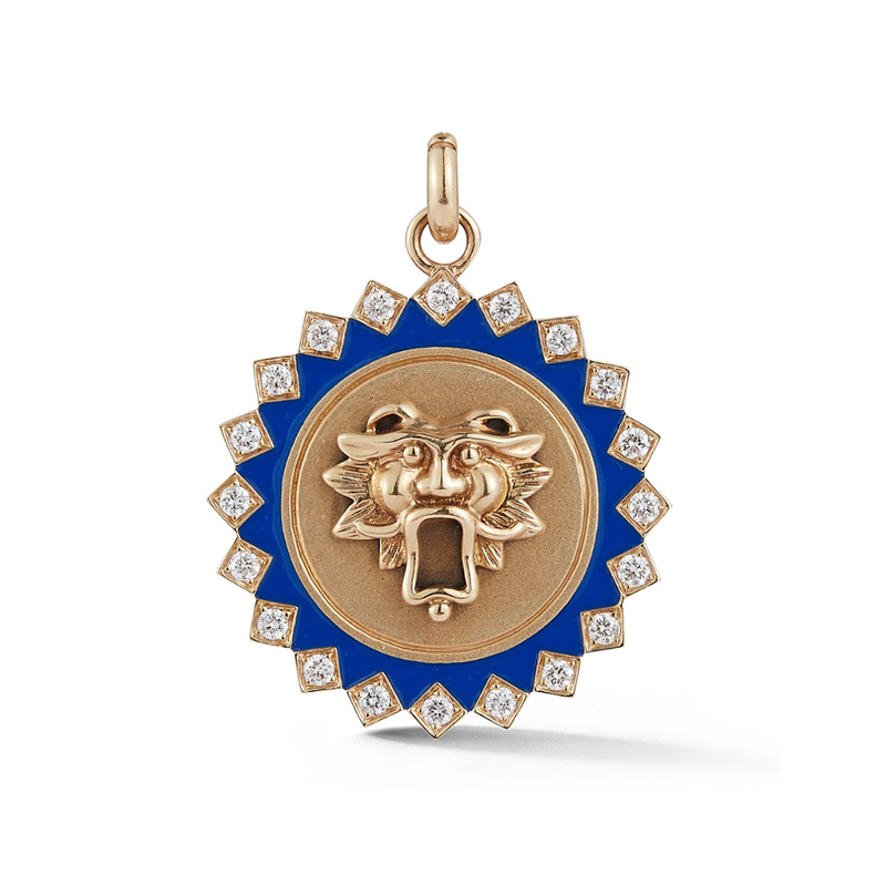 14K Gold and Blue Enamel Guardian Lion Medallion