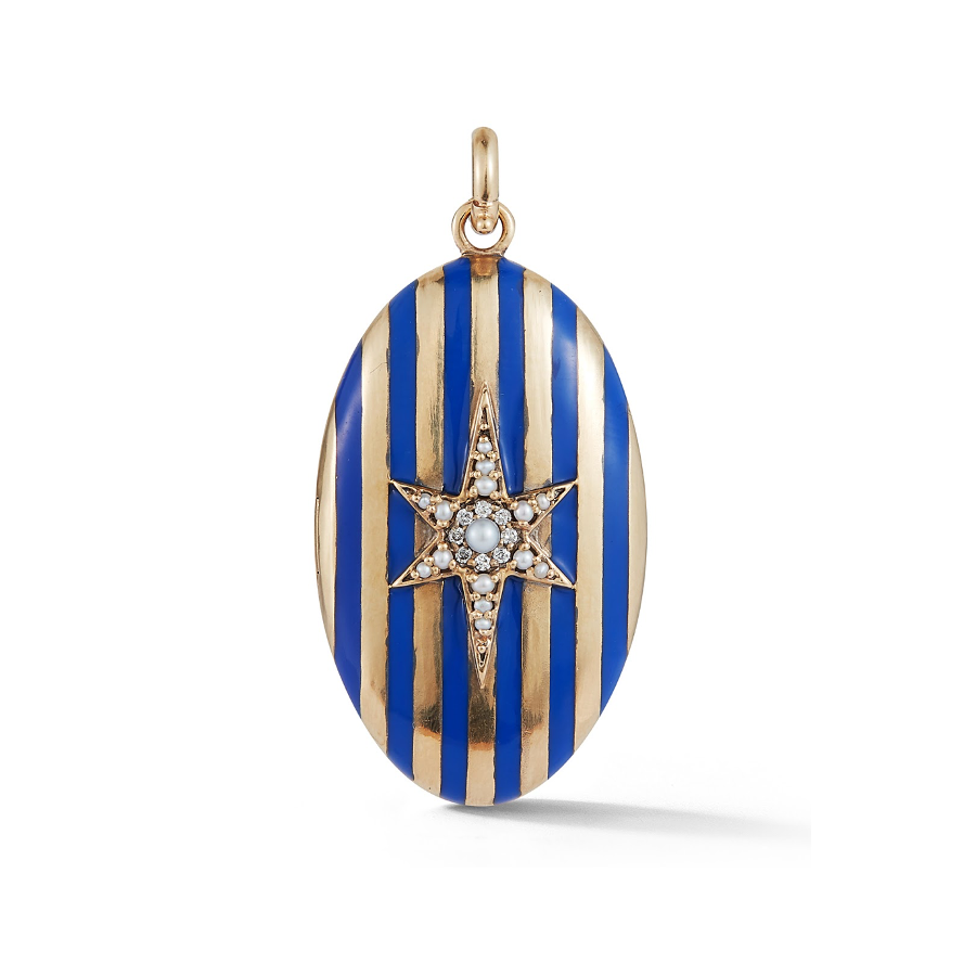 14K Gold and Blue Enamel Stripe Oval Locket