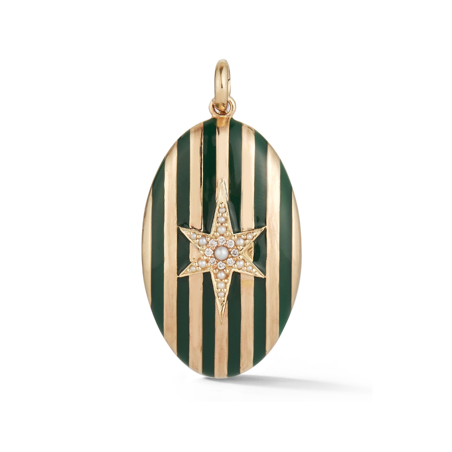 14K Gold and Green Enamel Stripe Oval Locket