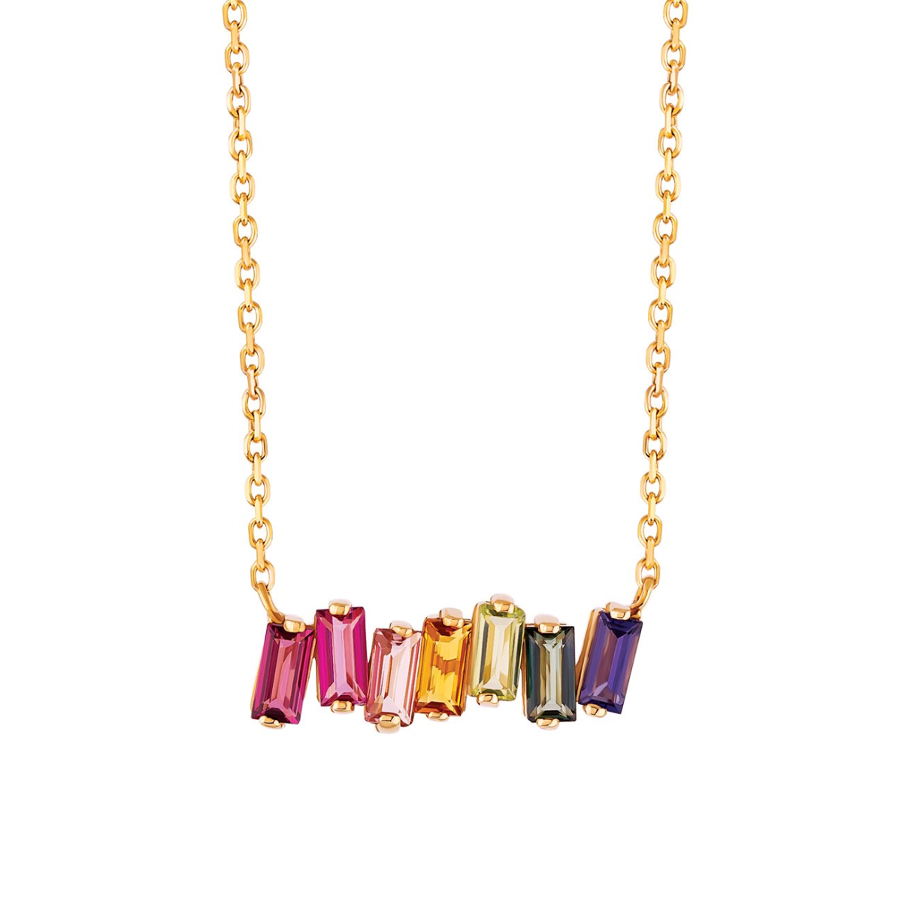 14K RAINBOW TOPAZ BAGUETTE BAR NECKLACE