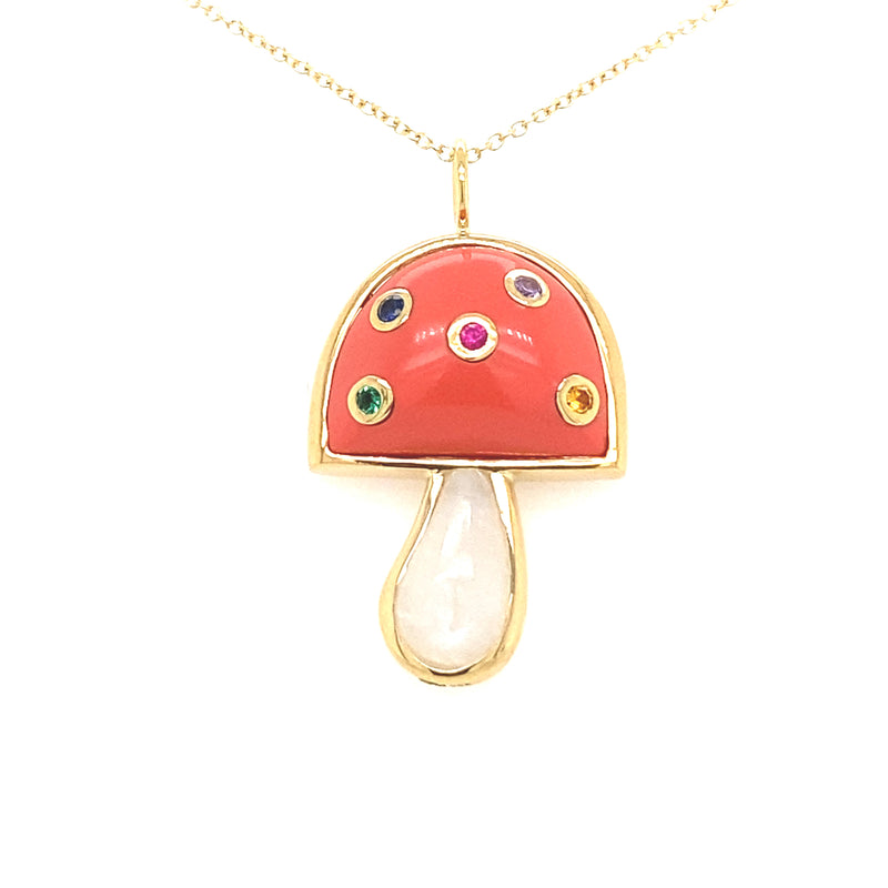 SMALL MUSHROOM NECKLACE - CORAL/MOONSTONE WITH RAINBOW
