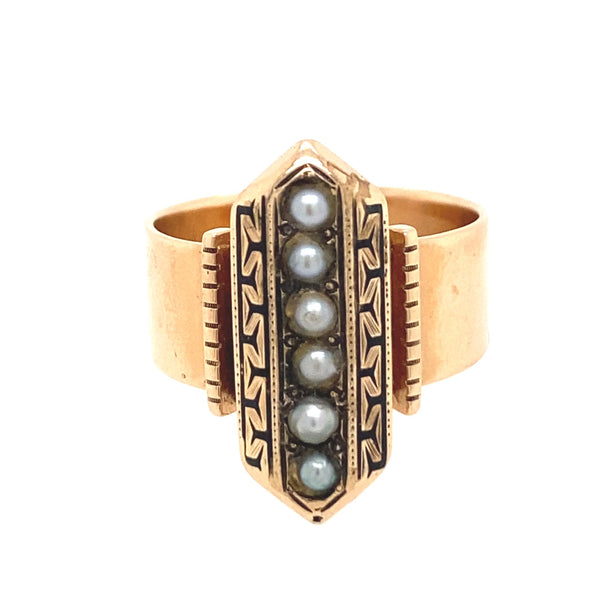 VINTAGE VICTORIAN SEED PEARL AND ENAMEL RING