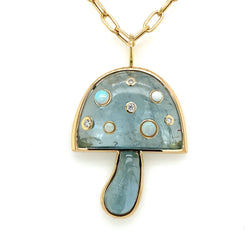 LARGE MUSHROOM NECKLACE - AQUAMARINE WITH OPALS AND DIAMONDS
