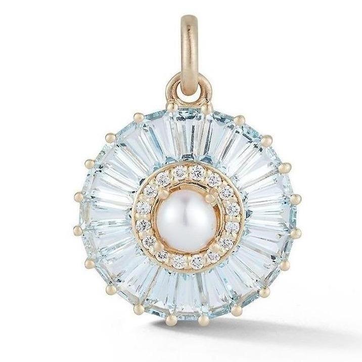 14K Gold Aquamarine Diamond & Pearl Emily Large Charm