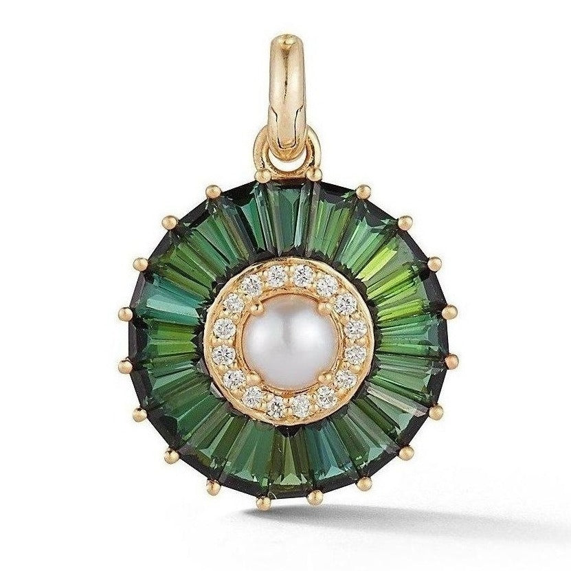 14K Gold Green Tourmaline Diamond & Pearl Emily Large Charm