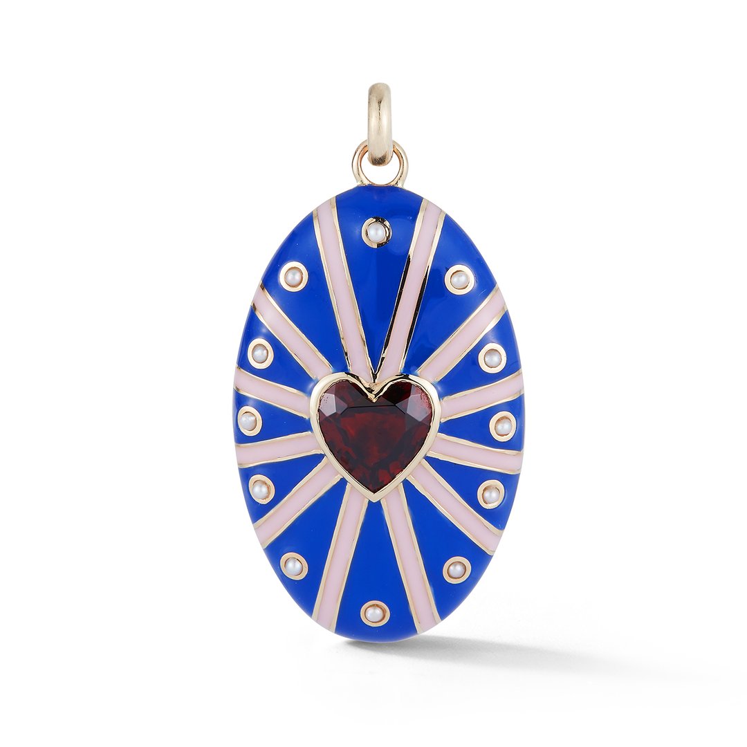 14K Gold Garnet, White Pearl & Blue Enamel Eleanor Charm