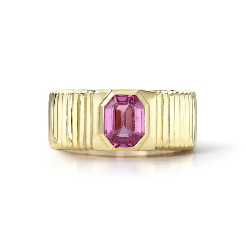 ONE OF A KIND PLEATED SOLITAIRE BAND - EMERALD CUT PINK SAPPHIRE