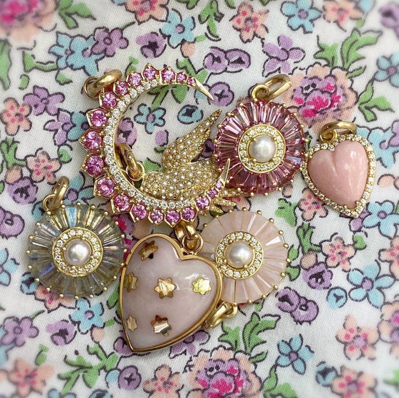 14K Gold Diamond & Pink Opal Alana Heart Charm