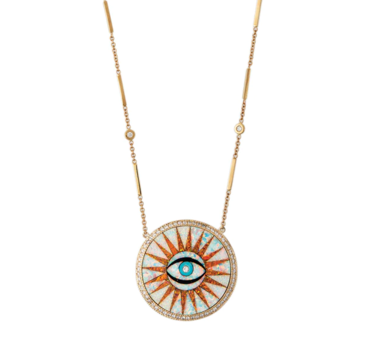 EYE BURST OPAL/ORANGE INLAY SMOOTH BAR DIAMOND NECKLACE