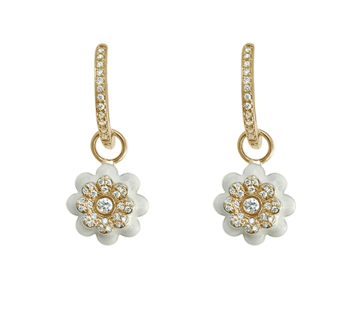 MEMENTO HALF DIAMOND HALF WHITE ENAMEL FLOWER DANGLE EARRING