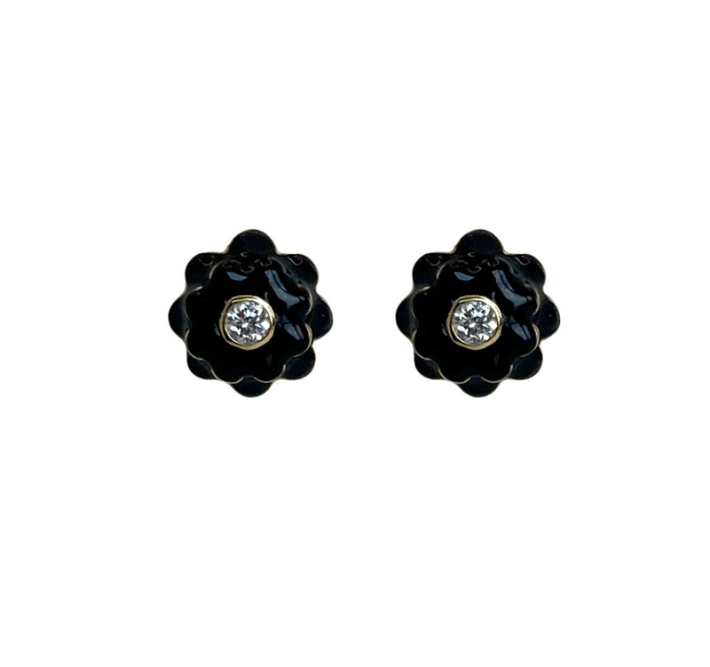 MEMENTO DIAMOND AND BLACK ENAMEL FLOWER EARRINGS - MINI