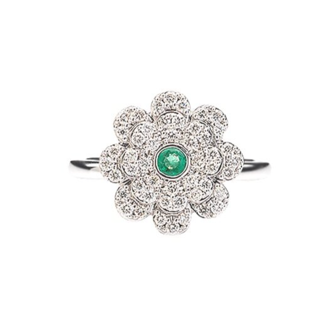 DIAMOND AND EMERALD FLOWER RING