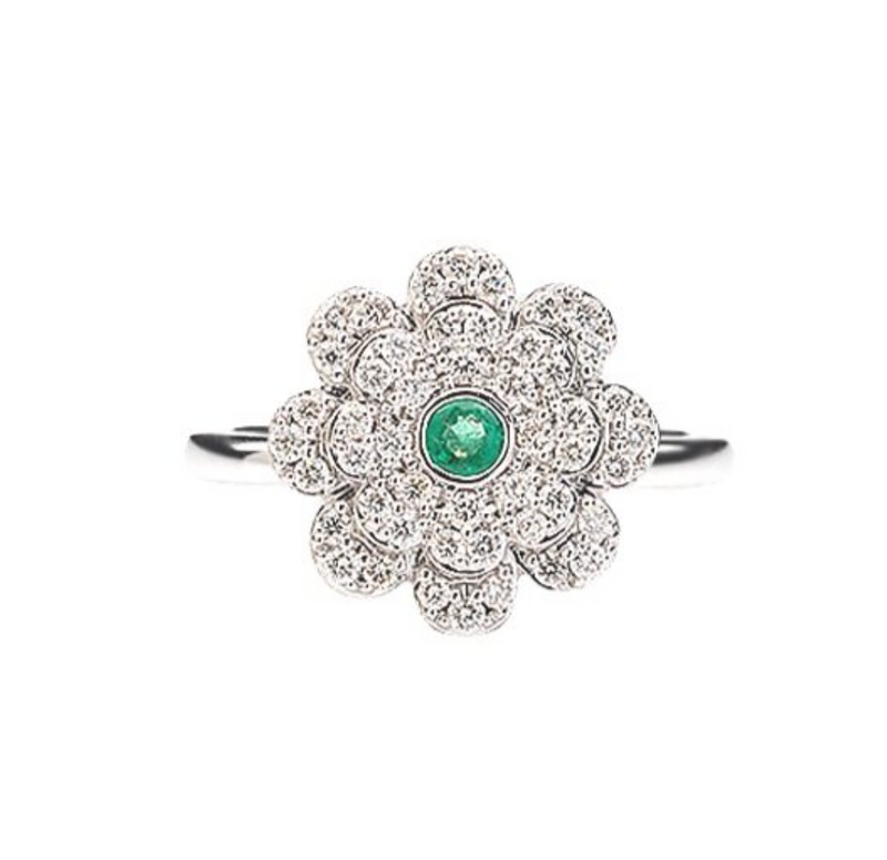 DIAMOND AND EMERALD FLOWER RING - SMALL