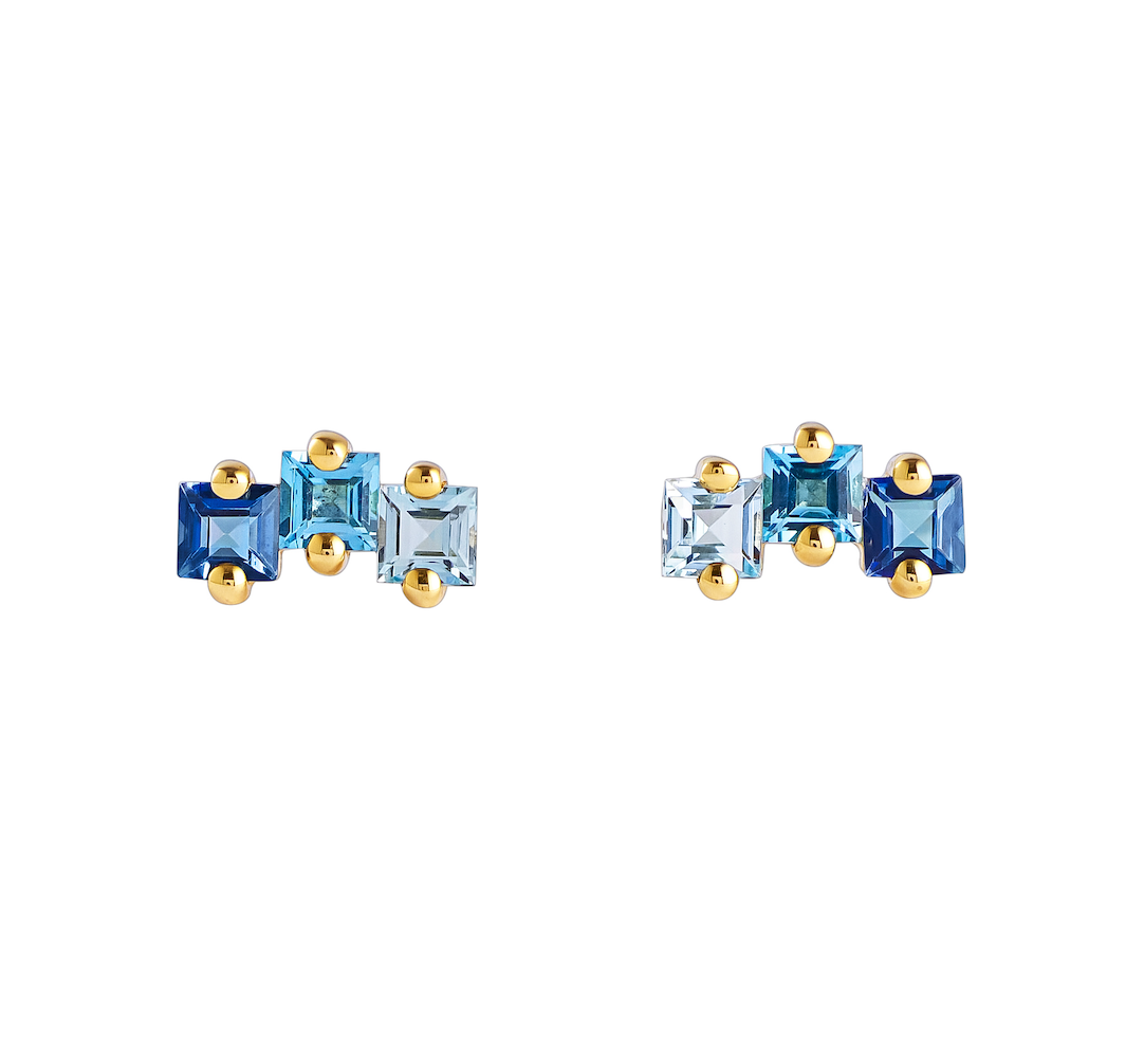 14K BLUE PRINCESS CUT STUD EARRINGS