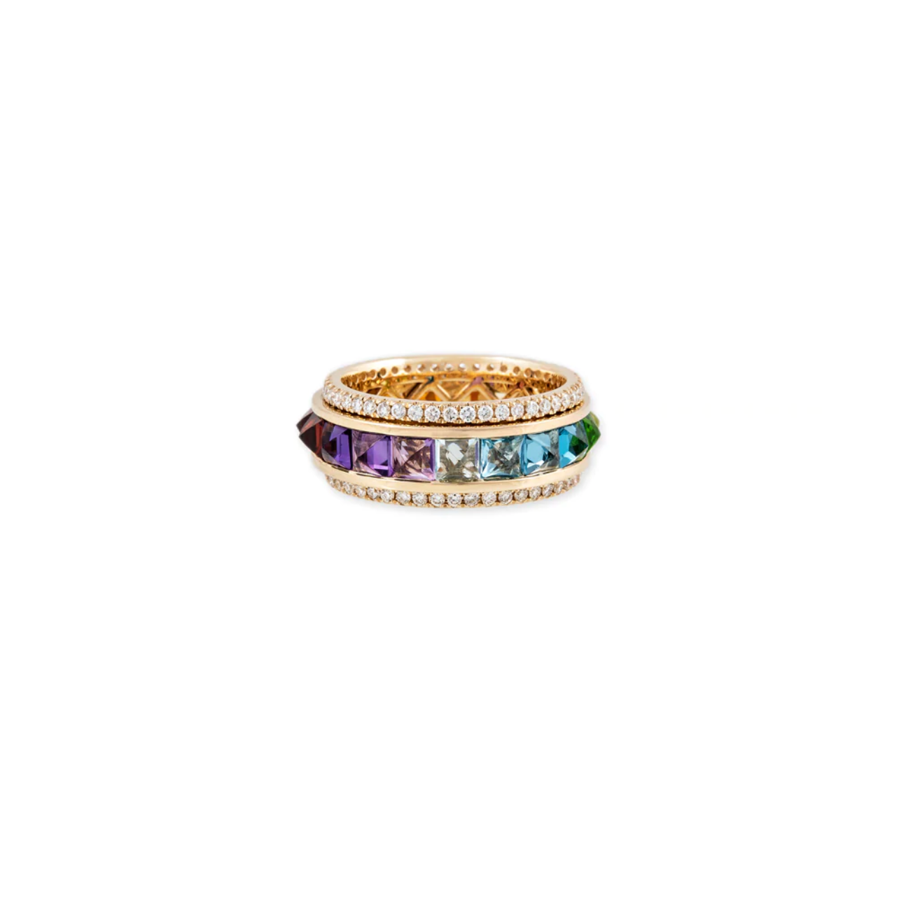 RAINBOW SPIKE SAPPHIRE RING 2 ROW DIAMOND PAVE