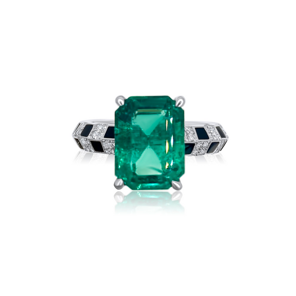 PINSTRIPE STRENGTH EMERALD SOLITAIRE KNIFEDGE DIAMOND AND BLACK ENAMEL RING