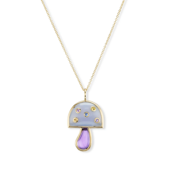 SMALL MUSHROOM NECKLACE - BLUE CHALCEDONY AND AMETHYST