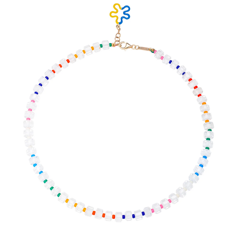 B MULTI BEADED NECKLACE YELLOW AND BLUE