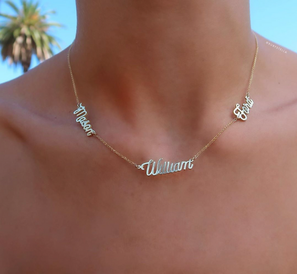 14K Gold Triple Nameplate Necklace