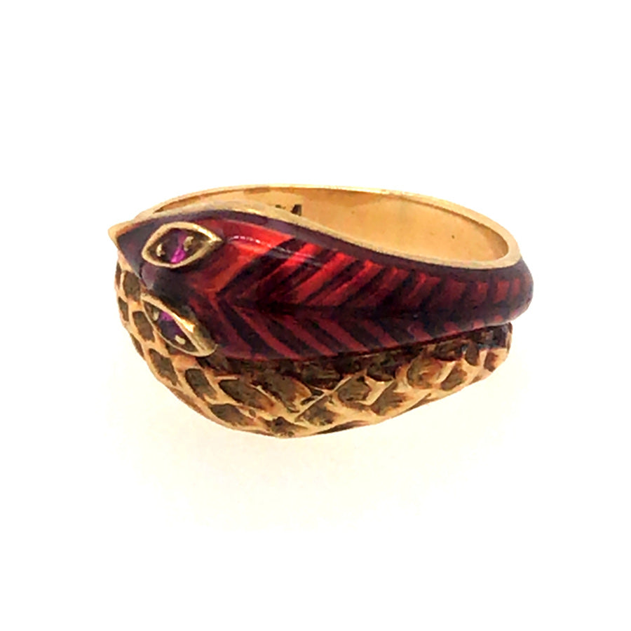 VINTAGE ENAMEL AND RUBY SNAKE RING