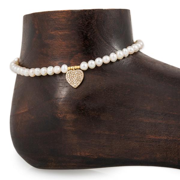 PAVE HEART CHARM PEARL BEADED ANKLET