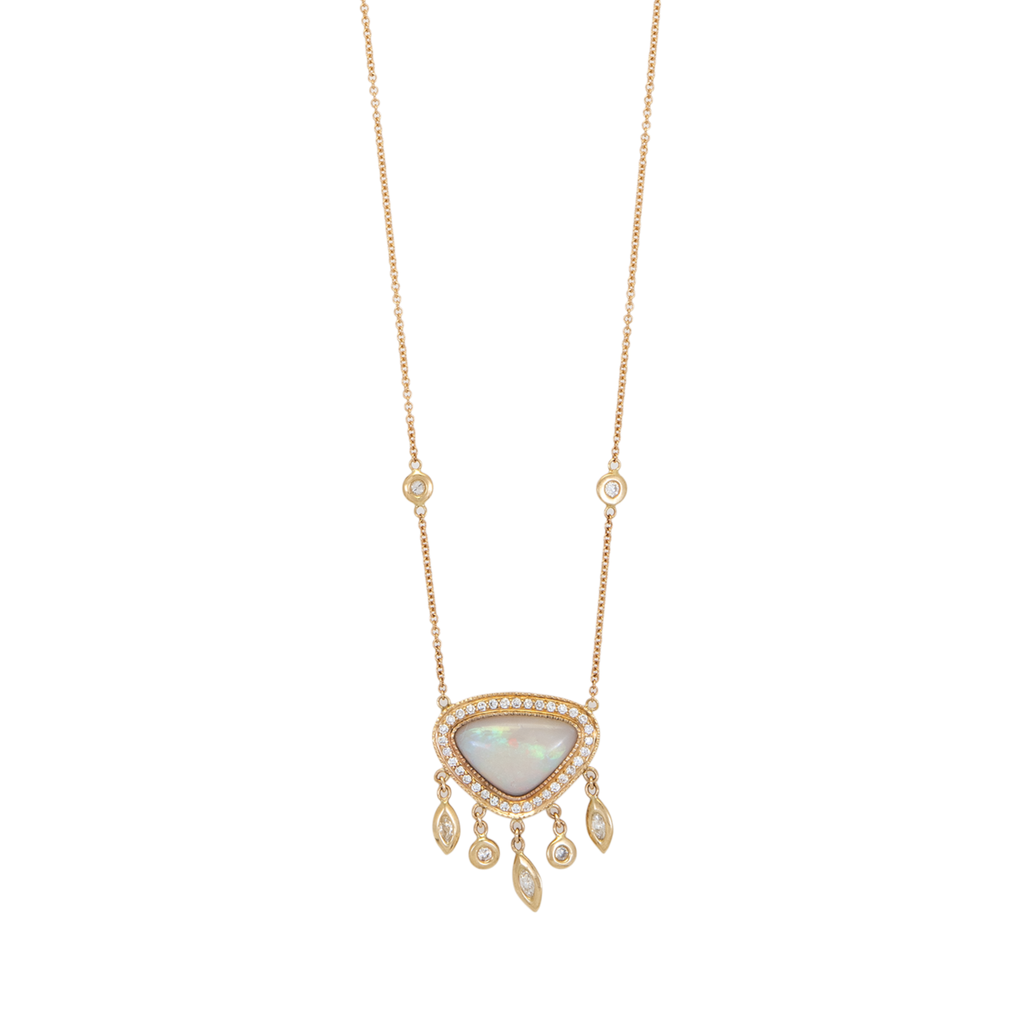 PAVE WHITE OPAL TRILLION 3 MARQUISE + 2 ROUND DIAMOND SHAKER NECKLACE