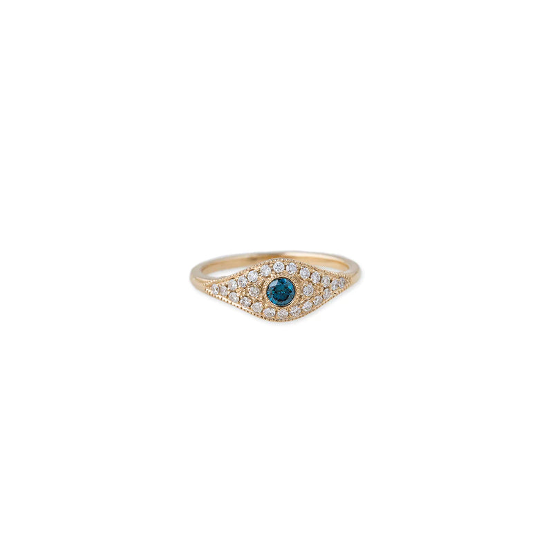 PAVE EYE RING WITH BLUE DIAMOND CENTER