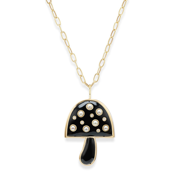 Magic Mushroom Necklace with Pearl and Diamonds - BLACK ONYX