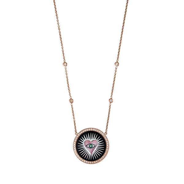 SMALL PAVE ROUND ONYX INLAY PINK HEART BURST NECKLACE