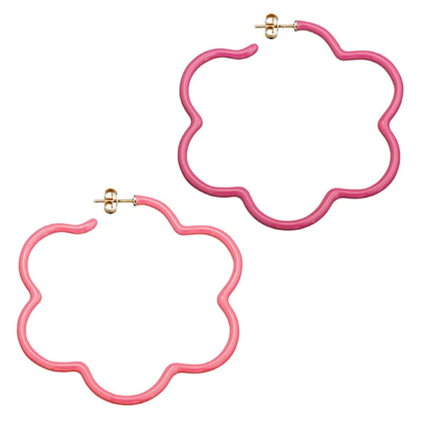 2 TONE LARGE FLOWER POWER EARRINGS - CORAL AND HOT PINK