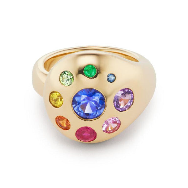 Large Petal Ring with Rainbow Sapphires & Emeralds