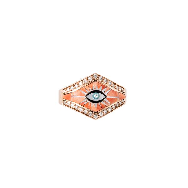 PAVE DIAMOND SPINY OYSTER + PEARL EYE BURST INLAY V RING